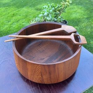MCM Laurids Lonborg Danish Turned Teak Wood Bowl & Poul Knudsen Teak Server Set